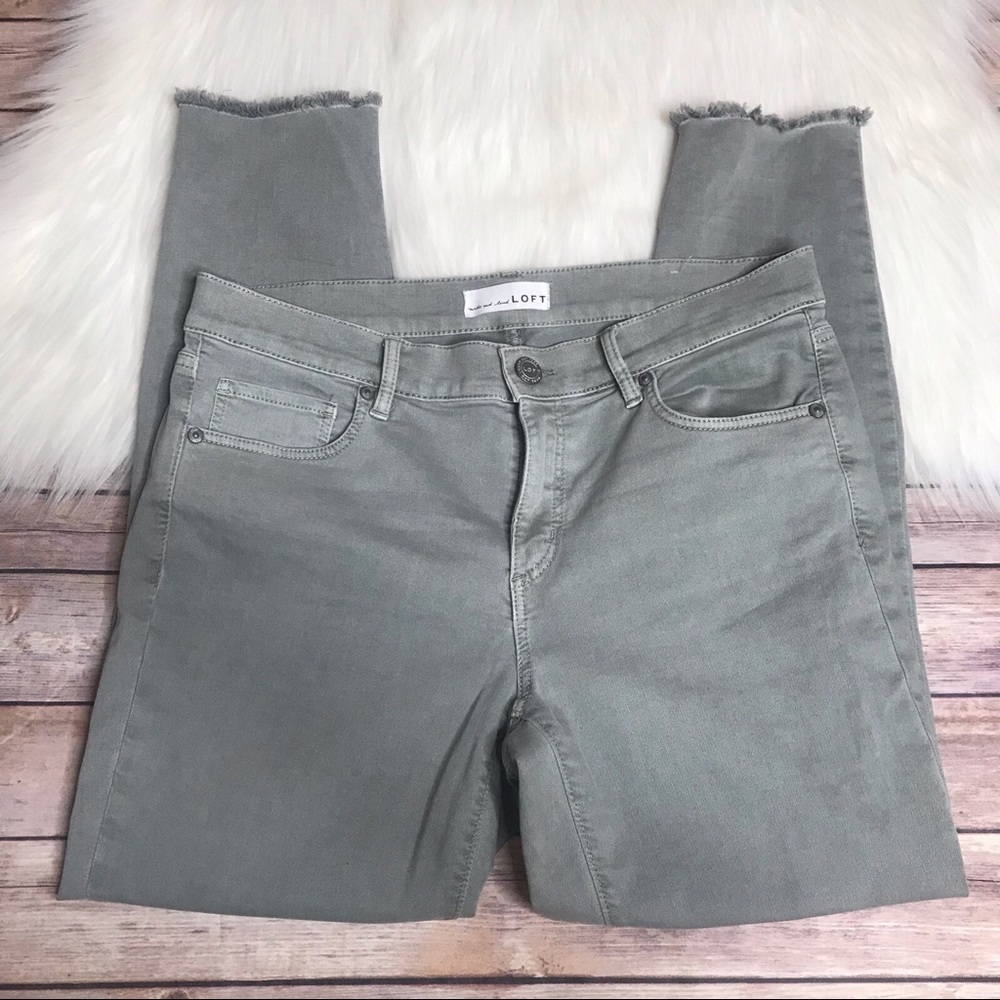 Loft olive green raw hem skinny leg stretch jeans
